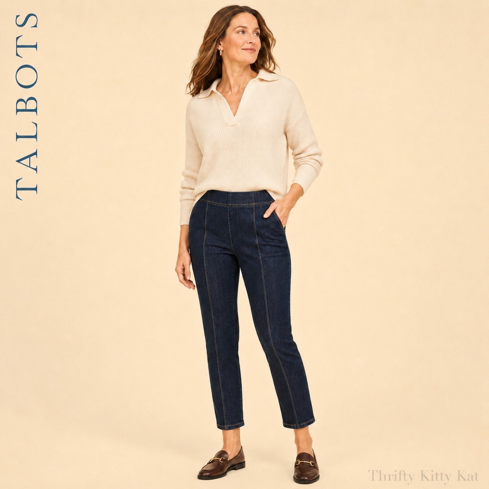 Talbots NWT Slim Ankle Pull On Travel Jeans Front Seam Dark Indigo Petite P